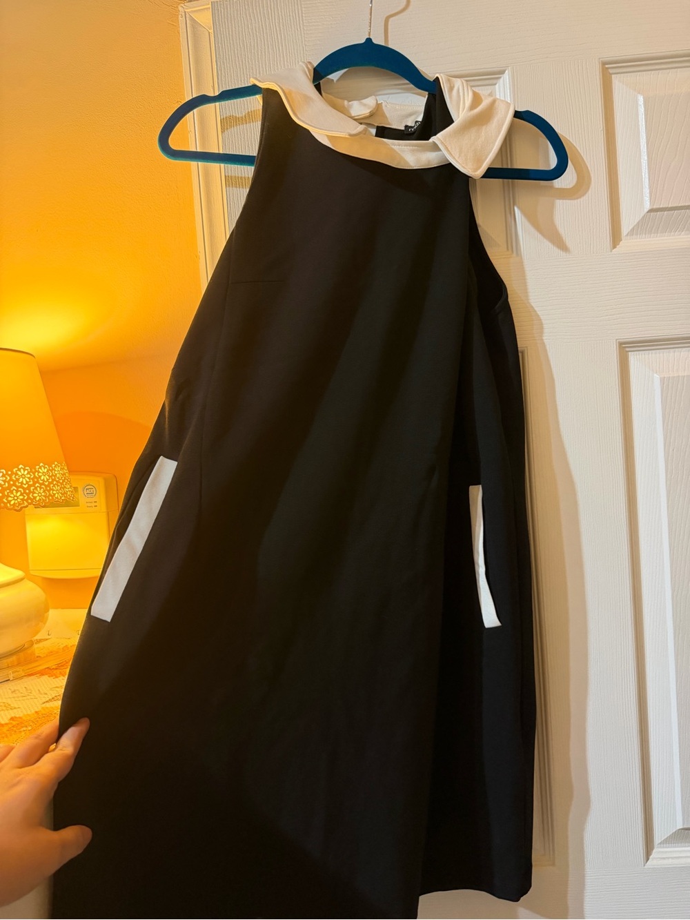 Vintage Black/White Sleeveless A-Line Dress with Contrast Collar - has pockets!